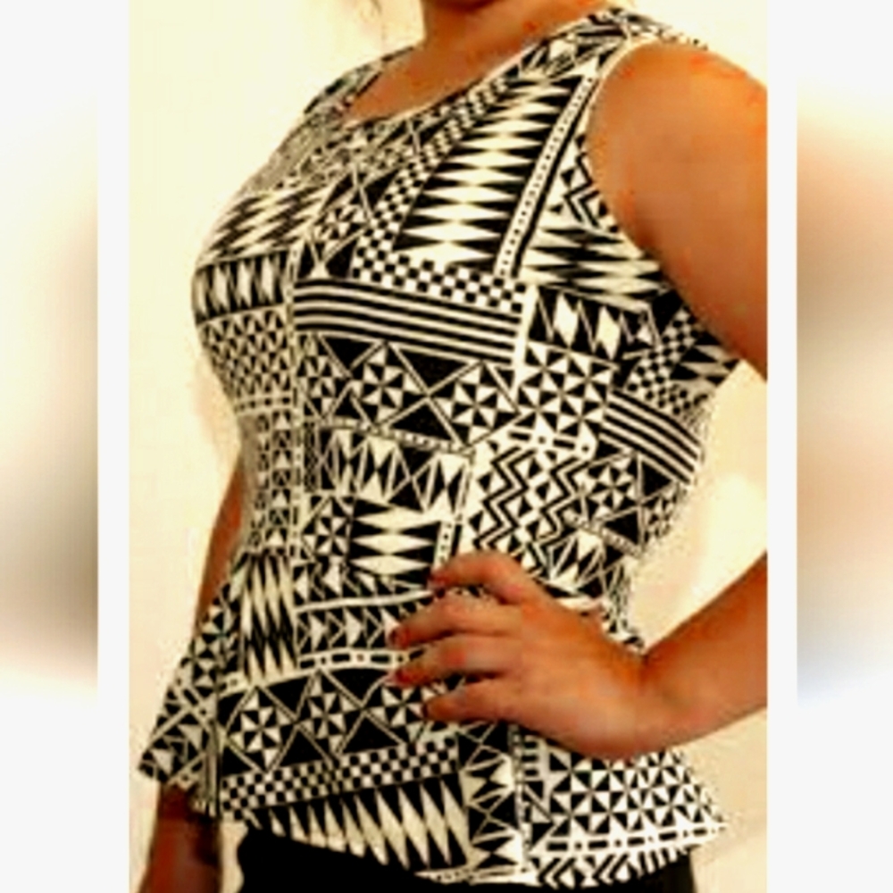 Ethnic Boho Tribal Pattern Peplum Sleeveless Top in Tan and Black size S